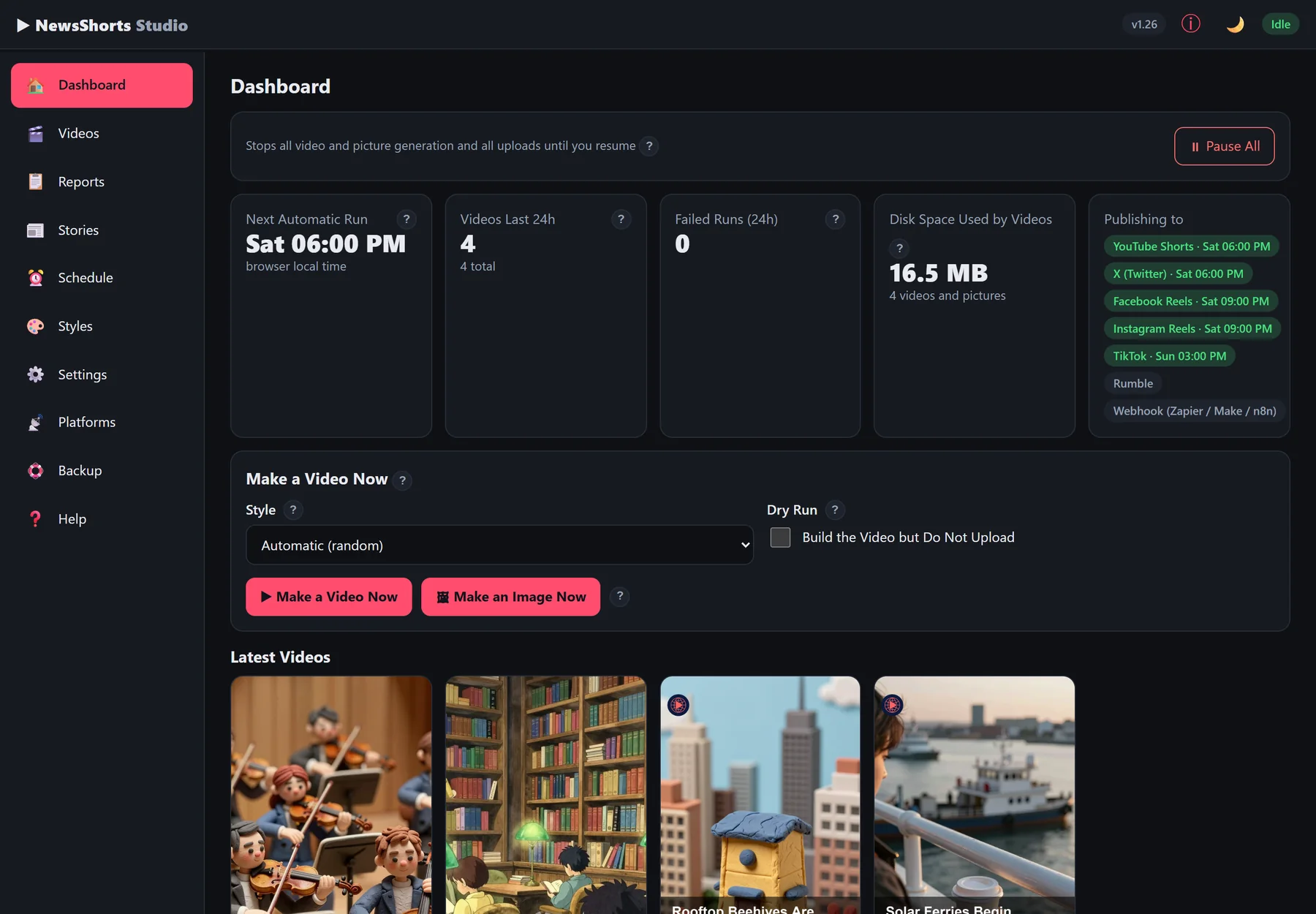 The NewsShorts Studio dashboard