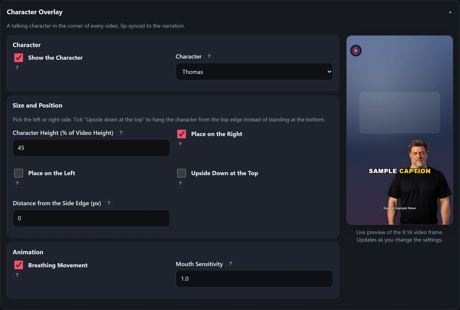 Character overlay settings with live preview