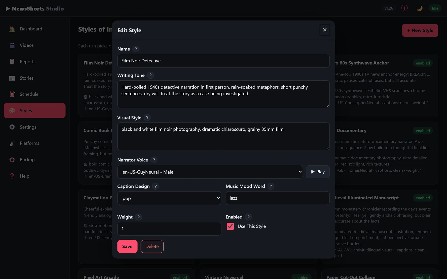 Style editor with voice pulldown